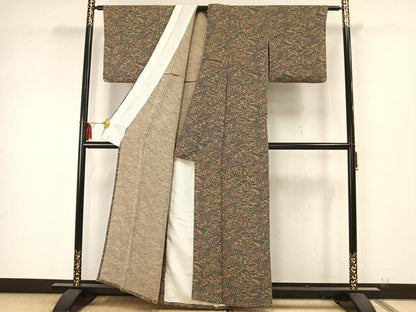 平和屋着物▽上質な小紋 単衣 型染め 風景草花文 鬼しぼ縮緬 正絹 逸品 AAAZ9349fy