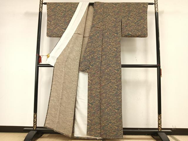 平和屋着物▽上質な小紋 単衣 型染め 風景草花文 鬼しぼ縮緬 正絹 逸品 AAAZ9349fy