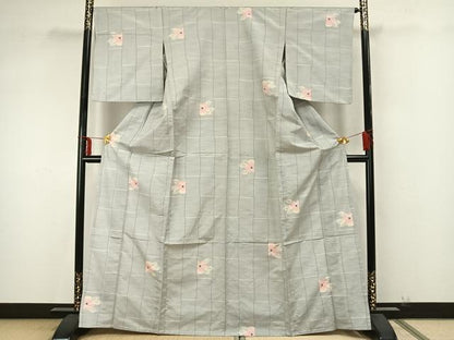 平和屋着物▽上質な紬 単衣 格子草花文 正絹 逸品 AAAZ9351fy