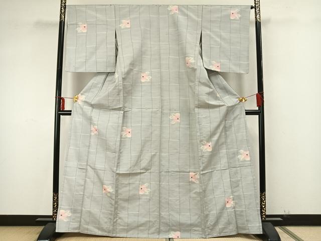 平和屋着物▽上質な紬 単衣 格子草花文 正絹 逸品 AAAZ9351fy