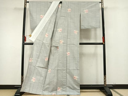 平和屋着物▽上質な紬 単衣 格子草花文 正絹 逸品 AAAZ9351fy