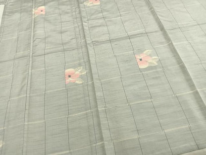 平和屋着物▽上質な紬 単衣 格子草花文 正絹 逸品 AAAZ9351fy