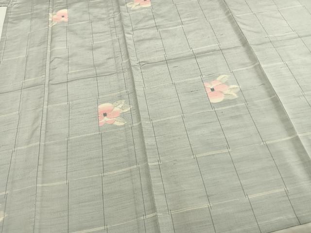 平和屋着物▽上質な紬 単衣 格子草花文 正絹 逸品 AAAZ9351fy
