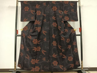 平和屋着物▽結城ちぢみ 単衣 花唐草文 正絹 逸品 AAAZ9352fy