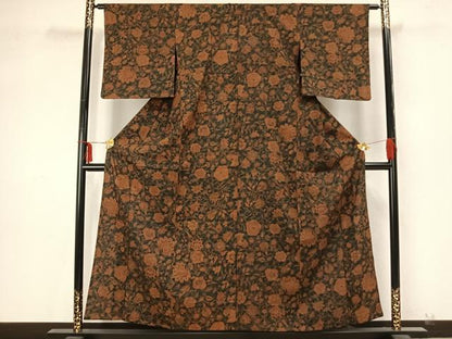 平和屋着物▽上質な紬 単衣 草花文 正絹 逸品 未使用 AAAZ9354fy