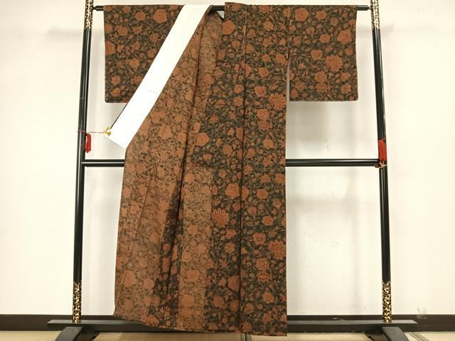 平和屋着物▽上質な紬 単衣 草花文 正絹 逸品 未使用 AAAZ9354fy