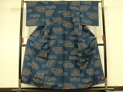 平和屋着物▽上質な紬 単衣 横段人物文 正絹 逸品 AAAZ9356fy