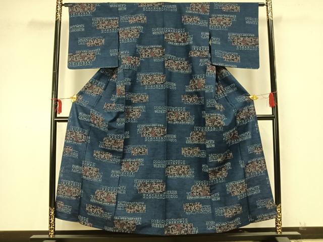 平和屋着物▽上質な紬 単衣 横段人物文 正絹 逸品 AAAZ9356fy