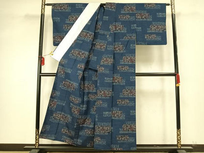 平和屋着物▽上質な紬 単衣 横段人物文 正絹 逸品 AAAZ9356fy