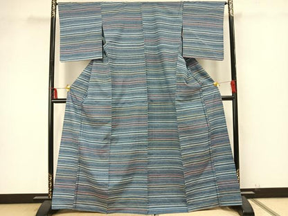 平和屋着物▽上質な紬 単衣 横縞 正絹 逸品 AAAZ9358fy
