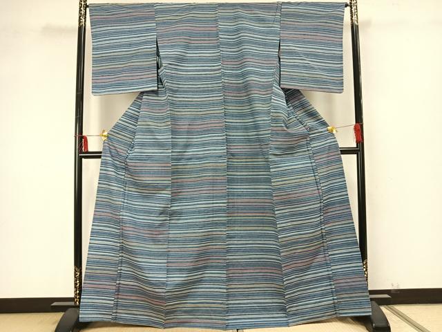 平和屋着物▽上質な紬 単衣 横縞 正絹 逸品 AAAZ9358fy