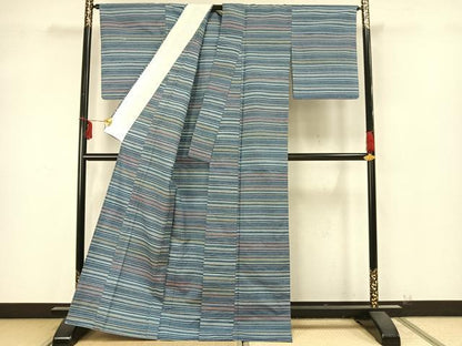 平和屋着物▽上質な紬 単衣 横縞 正絹 逸品 AAAZ9358fy