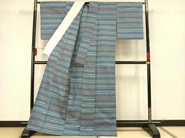 平和屋着物▽上質な紬 単衣 横縞 正絹 逸品 AAAZ9358fy