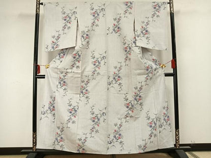 平和屋着物▽上質な紬 単衣 草花文 正絹 逸品 AAAZ9359fy