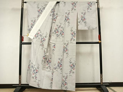 平和屋着物▽上質な紬 単衣 草花文 正絹 逸品 AAAZ9359fy