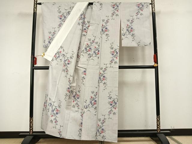 平和屋着物▽上質な紬 単衣 草花文 正絹 逸品 AAAZ9359fy