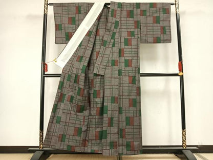 平和屋着物▽本場大島紬 単衣 7マルキ 幾何学文 正絹 逸品 AAAZ9362fy