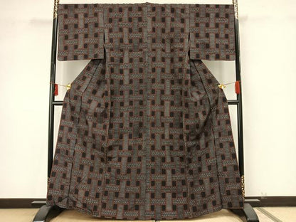 平和屋着物▽上質な紬 単衣 幾何学文 やまと誂製 正絹 逸品 未使用 AAAZ9365fy