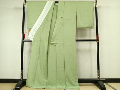 平和屋着物▽上質な色無地　単衣　風景地紋　若菜色　ロング丈　正絹　逸品　AAAX6166mfy