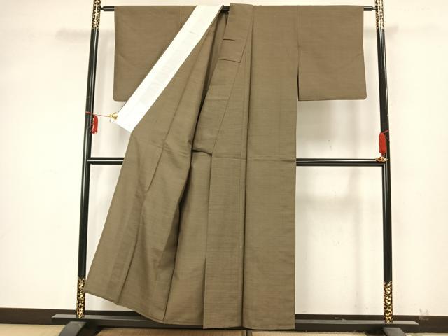 平和屋着物▽上質な紬 単衣 色無地 国防色 正絹 逸品 AAAZ9368fy
