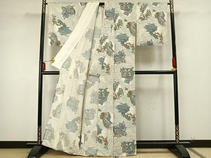 平和屋着物▽上質な小紋　単衣　風景文　正絹　逸品　AAAZ9373fy