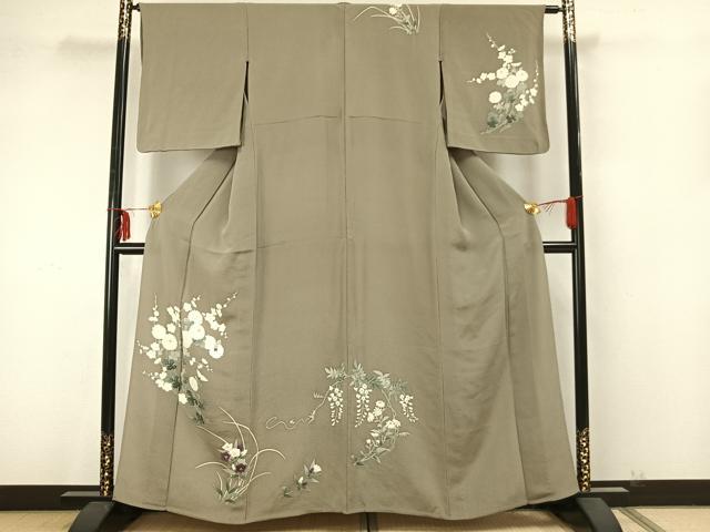 平和屋着物▽訪問着 単衣 草花文 鬼しぼ縮緬 正絹 逸品 AAAZ9379fy