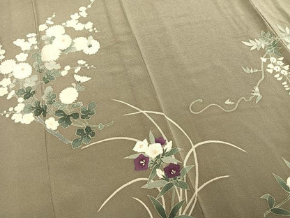 平和屋着物▽訪問着 単衣 草花文 鬼しぼ縮緬 正絹 逸品 AAAZ9379fy