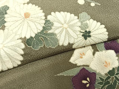 平和屋着物▽訪問着 単衣 草花文 鬼しぼ縮緬 正絹 逸品 AAAZ9379fy