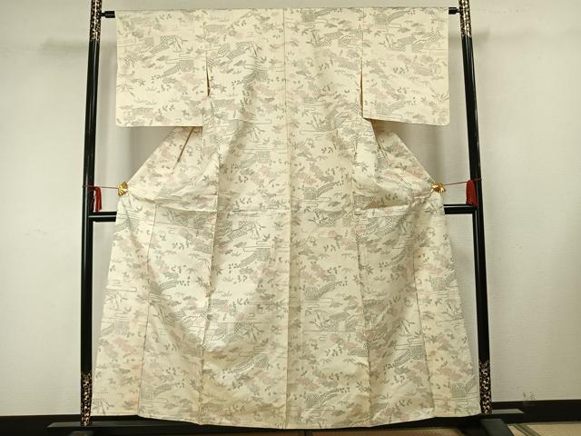 平和屋着物▽上質な紬 単衣 風景草花文 正絹 逸品 AAAZ9389fy