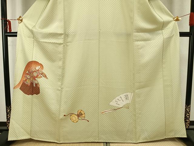 平和屋着物▽訪問着 単衣 扇面人物文 鼓 金銀彩 金通し地 正絹 逸品 AAAZ9393fy