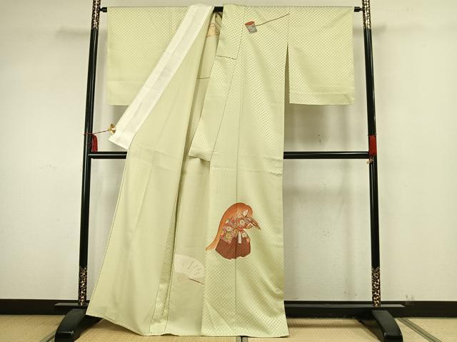 平和屋着物▽訪問着 単衣 扇面人物文 鼓 金銀彩 金通し地 正絹 逸品 AAAZ9393fy