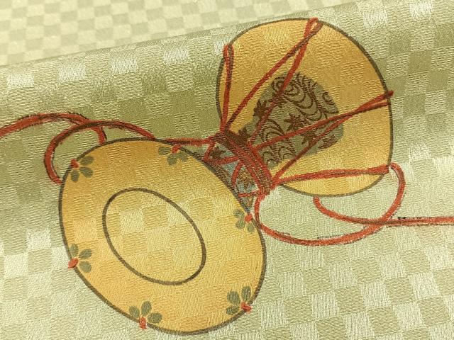 平和屋着物▽訪問着 単衣 扇面人物文 鼓 金銀彩 金通し地 正絹 逸品 AAAZ9393fy