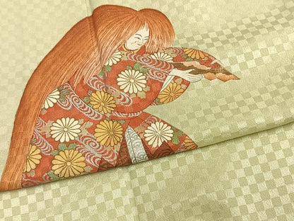 平和屋着物▽訪問着 単衣 扇面人物文 鼓 金銀彩 金通し地 正絹 逸品 AAAZ9393fy