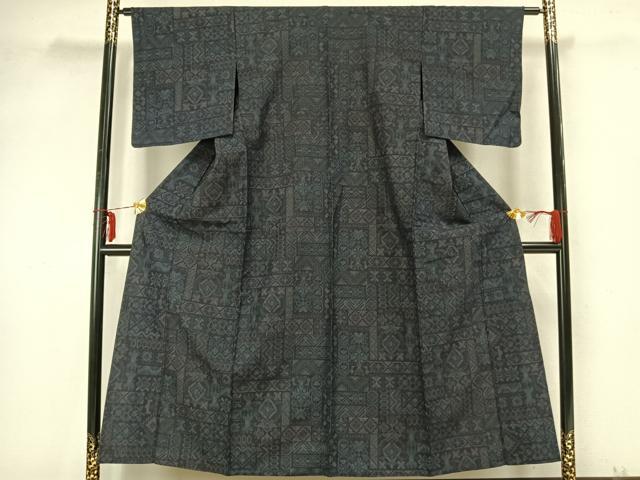 平和屋着物▽上質な紬 単衣 幾何学文 正絹 逸品 AAAZ9395fy
