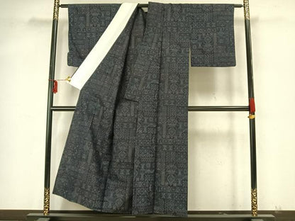 平和屋着物▽上質な紬 単衣 幾何学文 正絹 逸品 AAAZ9395fy