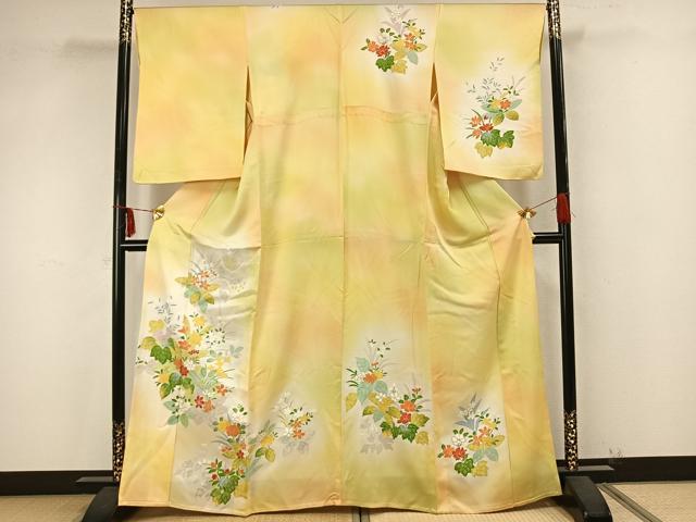 平和屋着物▽訪問着 単衣 草花文 金彩 正絹 逸品 AAAZ9397fy