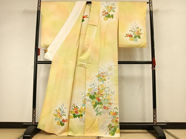 平和屋着物▽訪問着 単衣 草花文 金彩 正絹 逸品 AAAZ9397fy