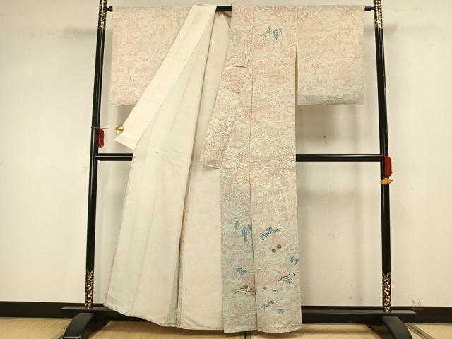 平和屋着物▽訪問着　単衣　刺繍　風景草花文　正絹　逸品　AAAZ9401fy