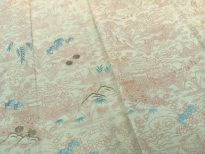平和屋着物▽訪問着　単衣　刺繍　風景草花文　正絹　逸品　AAAZ9401fy
