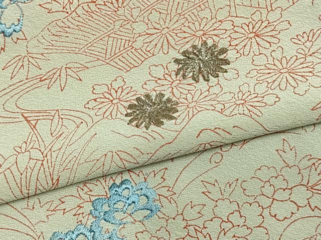 平和屋着物▽訪問着　単衣　刺繍　風景草花文　正絹　逸品　AAAZ9401fy