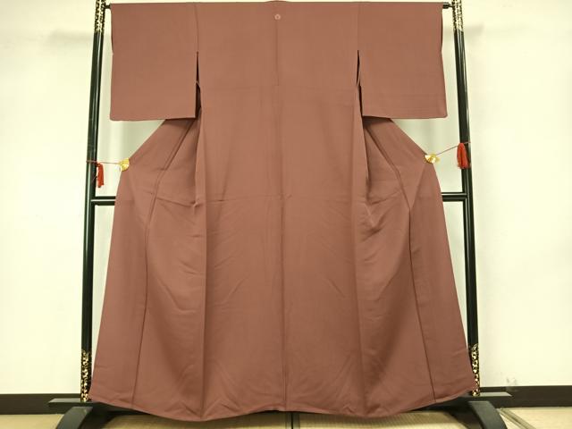 平和屋着物▽上質な色無地　単衣　市松地紋　小豆色　正絹　逸品　AAAZ9403fy