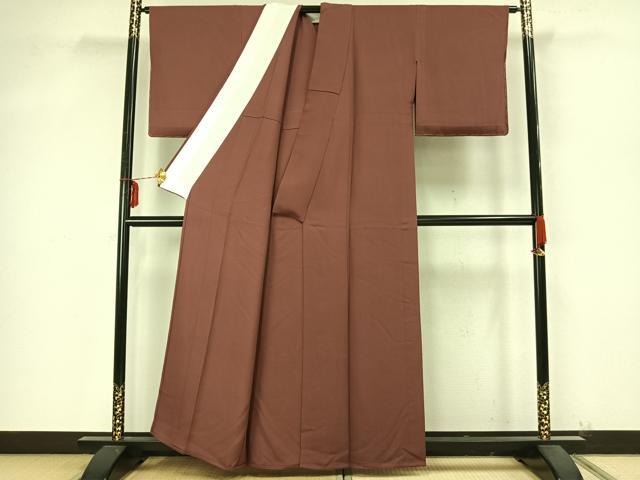 平和屋着物▽上質な色無地　単衣　市松地紋　小豆色　正絹　逸品　AAAZ9403fy