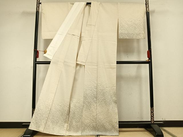 平和屋着物▽訪問着 単衣 紬地 草葉文 正絹 逸品 AAAZ9405fy
