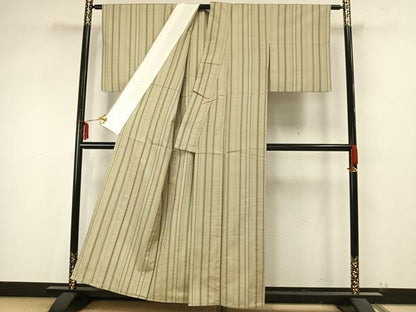 平和屋着物▽上質な紬 単衣 縞 正絹 逸品 AAAZ9411fy