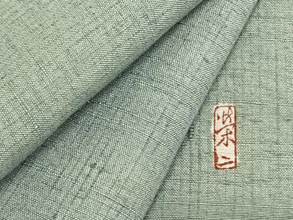 平和屋着物▽本加賀友禅作家 談義所栄二 紬 単衣 色無地 千草色 反端付き 正絹 逸品 AAAZ9412fy