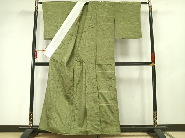 平和屋着物▽上質な紬　単衣　横縞　正絹　逸品　AAAZ9419fy