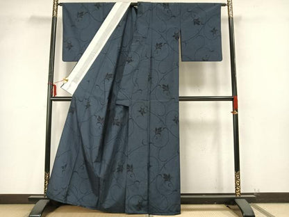 平和屋着物▽本塩沢 単衣 花唐草文 正絹 逸品 AAAZ9422fy
