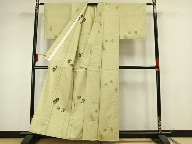 平和屋着物▽京の名門・菱屋六右ェ門　紬　単衣　人物文　正絹　逸品　AAAZ9424fy