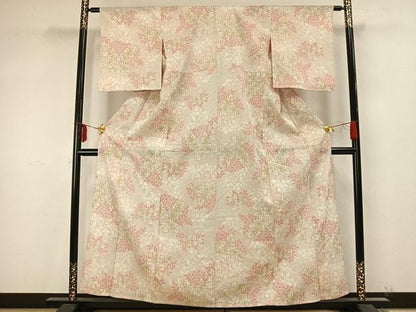 平和屋着物▽本塩沢 単衣 舞葉文 反端付き 正絹 逸品 AAAZ9429fy