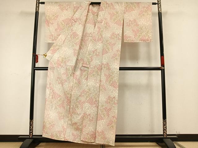 平和屋着物▽本塩沢 単衣 舞葉文 反端付き 正絹 逸品 AAAZ9429fy
